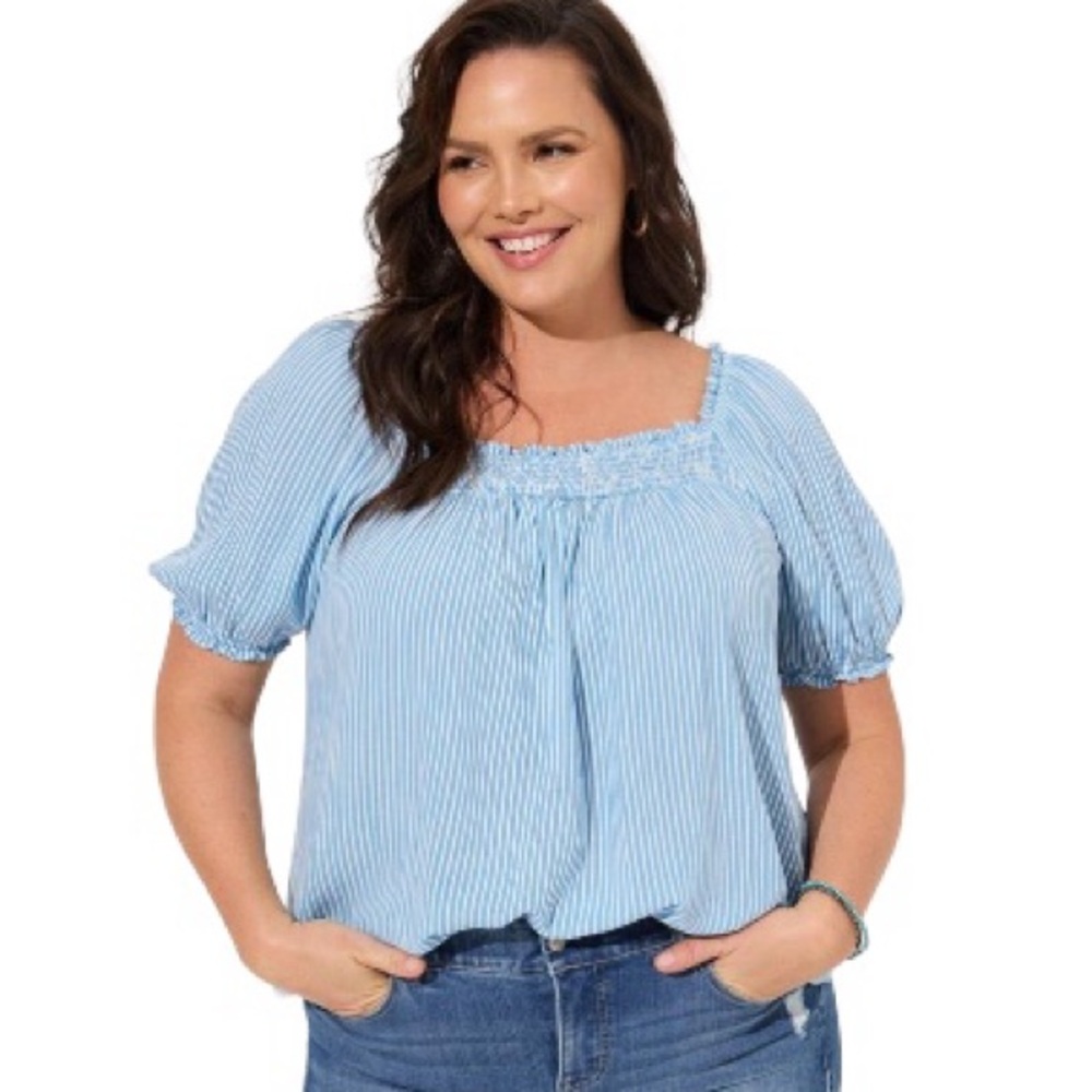Torrid Gauze Smocked Yoke Top Stripe Blue and White‎ Size 2X
